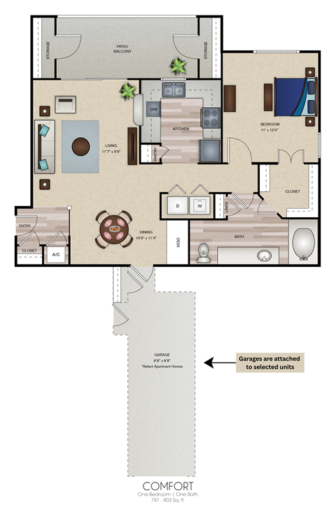 Floor plan for 1 bed, 1 bath, 903 sqft
